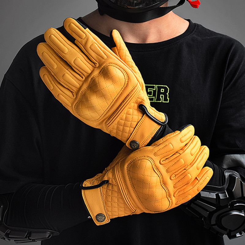 Motorcycle Gear Full Set - 레트로 가죽 오토바이 장갑 풀핑거 옐로우